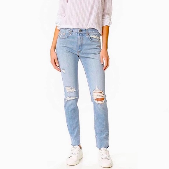 rag & bone Denim - rag & bone Marilyn Distressed Straight Leg Raw Hem Crop Jeans Light Blue 31 NWT